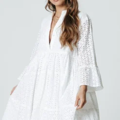 Colourful Rebel Indy Broodrie Anglaise Jurk Wit Dames - Loose Fit - Katoen - M