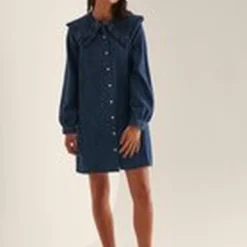 NA-KD Denim Jurk Met Franjekraag - EU 34