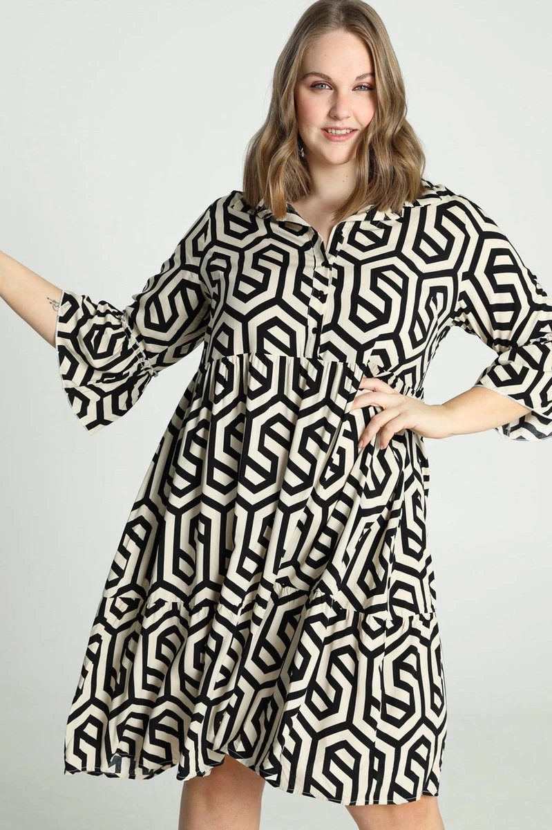 Paprika Halflange Jurk In Viscose Met Geometrisch Motief En Knopen 1 Paprika Halflange Jurk In Viscose Met Geometrisch Motief En Knopen