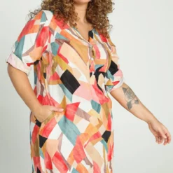 Paprika Korte, Linnen Jurk Met Grafisch Motief