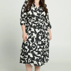 Promiss Halflange Jurk Met Grafisch Motief, Valse Wikkelkraag En Riem -Trendy Meid Verkoop 799x1200 278