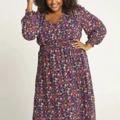 Paprika Halflange Jurk Met Geknoopte Kraag En Bloemetjesmotief