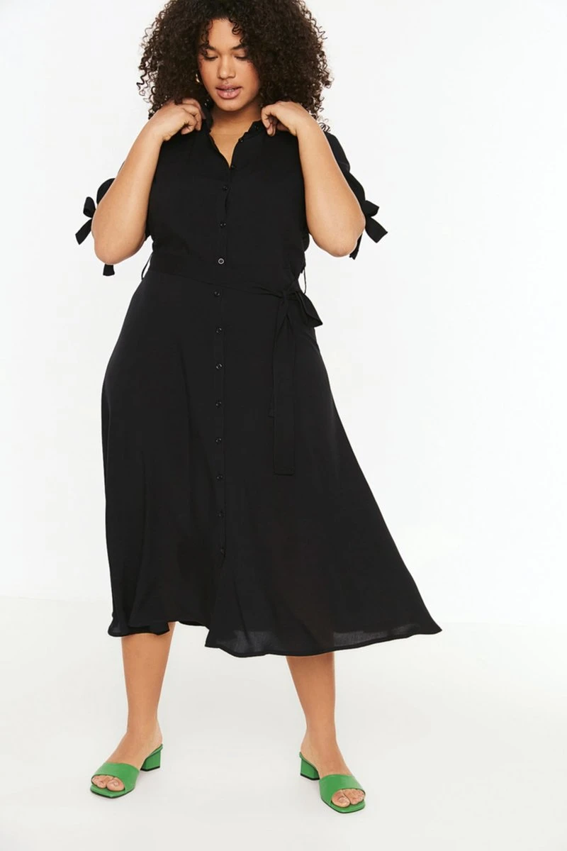 Trendyol Vrouwen Gepofte/ruche Mouw V-hals Basis Grote Maten Jurk 8 Trendyol Vrouwen Gepofte/ruche Mouw V-hals Basis Grote Maten Jurk - Afbeelding 8