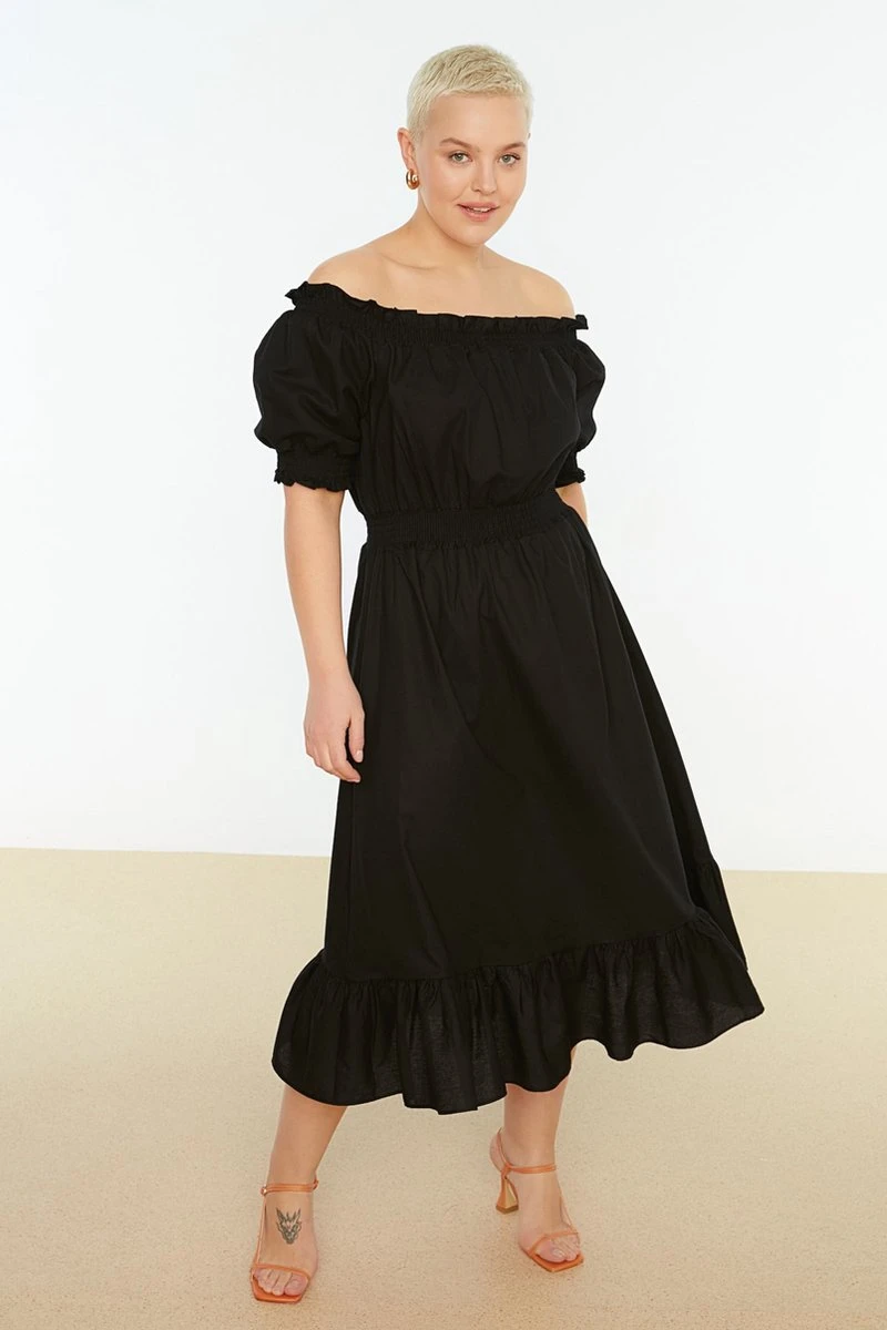 Trendyol Vrouwen Ballon Mouw Carmen Kraag Schaatser Grote Maten Jurk 1 Trendyol Vrouwen Ballon Mouw Carmen Kraag Schaatser Grote Maten Jurk