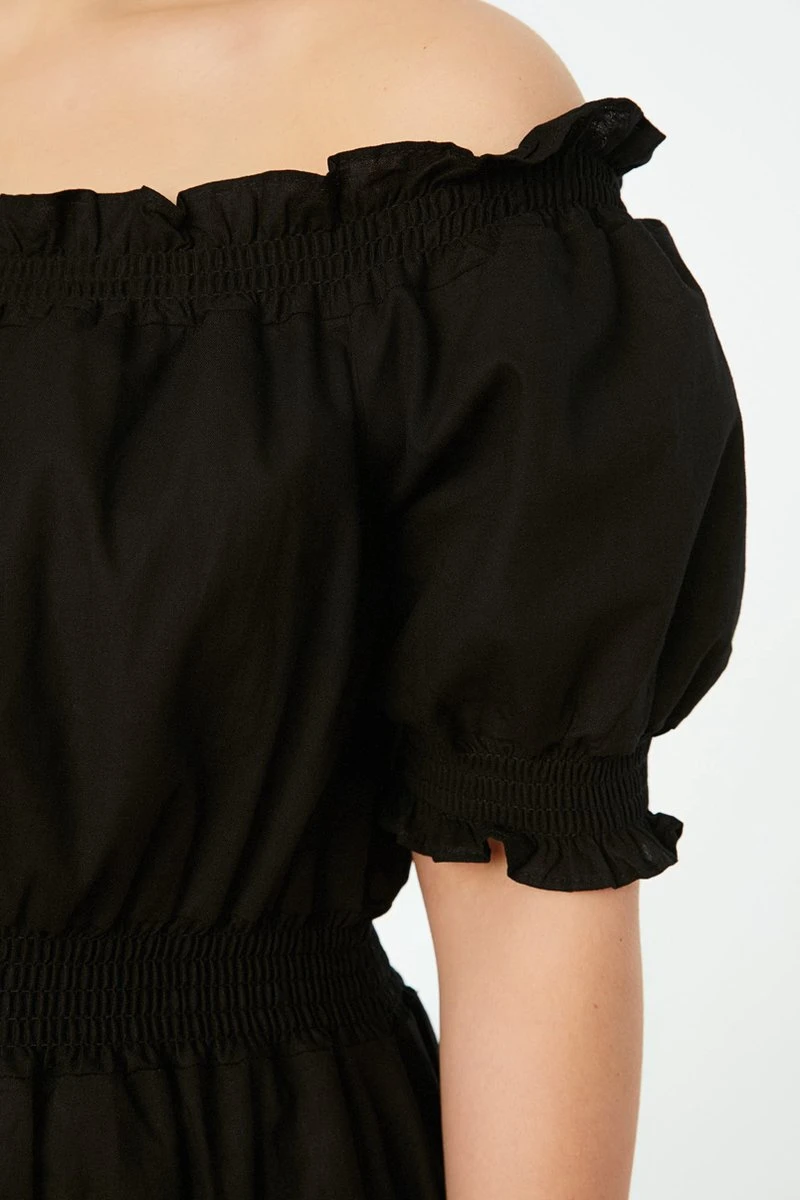 Trendyol Vrouwen Ballon Mouw Carmen Kraag Schaatser Grote Maten Jurk 5 Trendyol Vrouwen Ballon Mouw Carmen Kraag Schaatser Grote Maten Jurk - Afbeelding 5