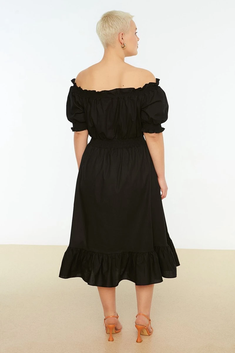 Trendyol Vrouwen Ballon Mouw Carmen Kraag Schaatser Grote Maten Jurk 6 Trendyol Vrouwen Ballon Mouw Carmen Kraag Schaatser Grote Maten Jurk - Afbeelding 6