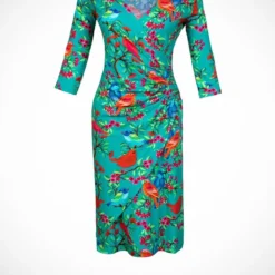 Tricot Wrap Jurk Drie Kwart Mouw Birds