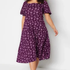 Trendyol Vrouwen Gepofte/ruche Mouw Vierkante Kraag A-lijn Grote Maten Jurk