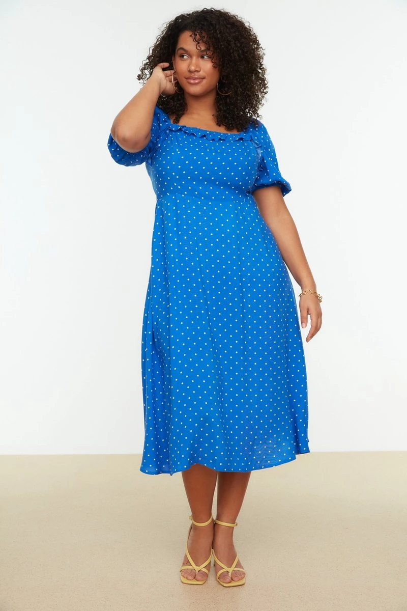 Trendyol Vrouwen Gepofte/ruche Mouw Vierkante Kraag A-lijn Plus Size Jurk 5 Trendyol Vrouwen Gepofte/ruche Mouw Vierkante Kraag A-lijn Plus Size Jurk - Afbeelding 5