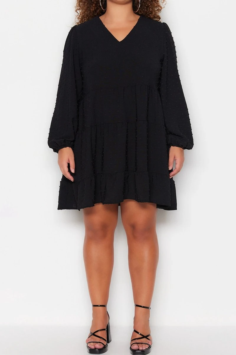 Trendyol Vrouwen Ballon Mouw V-hals Verschuiving Grote Maten Jurk 3 Trendyol Vrouwen Ballon Mouw V-hals Verschuiving Grote Maten Jurk - Afbeelding 3