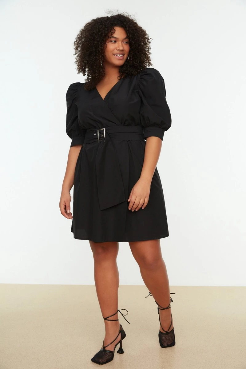 Trendyol Vrouwen Gepofte/ruche Mouw V-hals Omslag Plus Size Jurk 1 Trendyol Vrouwen Gepofte/ruche Mouw V-hals Omslag Plus Size Jurk
