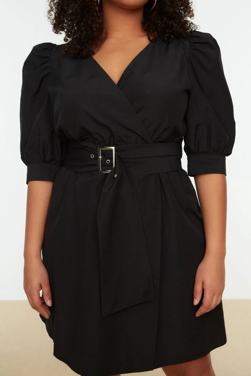 Trendyol Vrouwen Gepofte/ruche Mouw V-hals Omslag Plus Size Jurk 4 Trendyol Vrouwen Gepofte/ruche Mouw V-hals Omslag Plus Size Jurk - Afbeelding 4