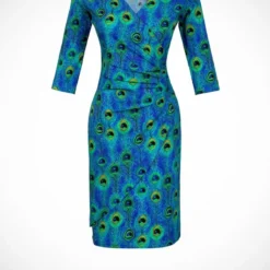 Tricot Wrap Jurk Drie Kwart Mouw Peacock Blue