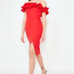 Trendyol Vrouwen Gepofte/ruche Mouw Carmen Kraag Bodycon Jurk -Trendy Meid Verkoop 800x1200 772