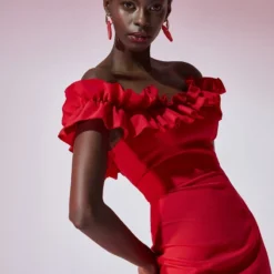 Trendyol Vrouwen Gepofte/ruche Mouw Carmen Kraag Bodycon Jurk -Trendy Meid Verkoop 800x1200 776