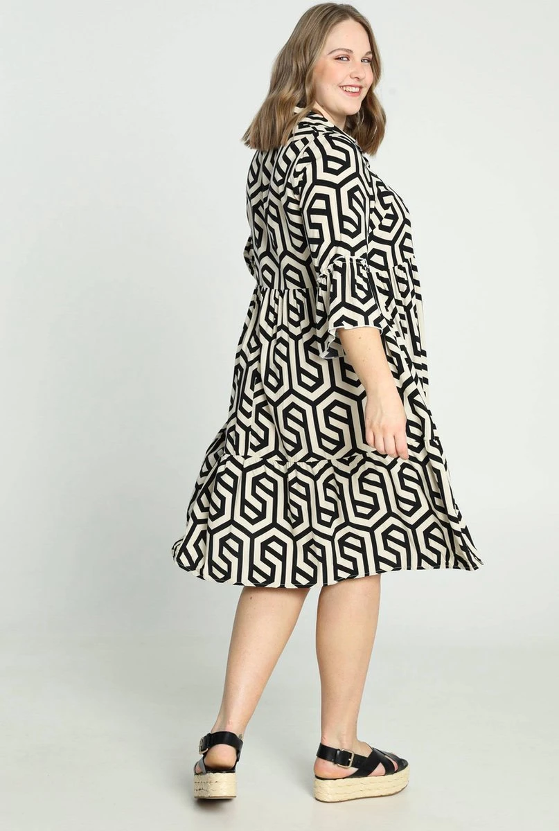 Paprika Halflange Jurk In Viscose Met Geometrisch Motief En Knopen 3 Paprika Halflange Jurk In Viscose Met Geometrisch Motief En Knopen - Afbeelding 3