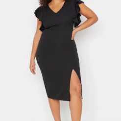 Trendyol Vrouwen Gepofte/ruche Mouw V-hals Bodycon Plus Size Jurk