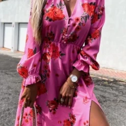 Merkloos Lange Trendy Jurk Met Split - Vrouwen - Bloemen - Fuchsia - One Size(36/40 -Trendy Meid Verkoop 813x1200 19