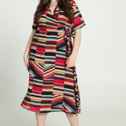 Promiss Halflange, Gestreepte Jurk In Viscose Met Valse Wikkelkraag -Trendy Meid Verkoop 817x1200 21