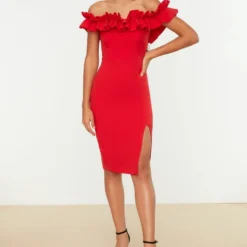 Trendyol Vrouwen Gepofte/ruche Mouw Carmen Kraag Bodycon Jurk -Trendy Meid Verkoop 830x1200 36