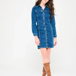 LOLALIZA Denim Overhemd Jurk Met Lange Mouwen - Blauw - Maat 34 -Trendy Meid Verkoop 846x1200 50