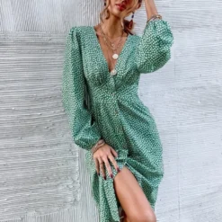 Merkloos MKL - Dames Zomerjurk - Boho Vrolijke Bloemetjes Jurk Knoop - Franse Mode Vrouwen Groene Bloemen Print Jurk V-hals Vintage Lange Mouw Dames Midi Jurk Maat S -Trendy Meid Verkoop 901x1200 7