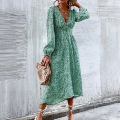 Merkloos MKL - Dames Zomerjurk - Boho Vrolijke Bloemetjes Jurk Knoop - Franse Mode Vrouwen Groene Bloemen Print Jurk V-hals Vintage Lange Mouw Dames Midi Jurk Maat S -Trendy Meid Verkoop 903x1200 1