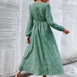 Merkloos MKL - Dames Zomerjurk - Boho Vrolijke Bloemetjes Jurk Knoop - Franse Mode Vrouwen Groene Bloemen Print Jurk V-hals Vintage Lange Mouw Dames Midi Jurk Maat S -Trendy Meid Verkoop 903x1200 2